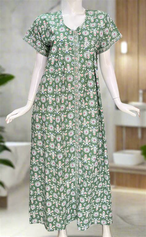 Pista Green Floral Full Open Pure Cotton Nighty. Pure Cotton | Laces a ...
