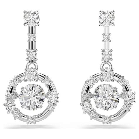 Constella drop earrings, Round cut, Dancing stone, White, Rhodium plated