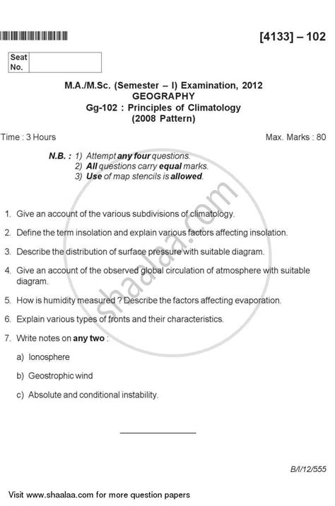 Principles of Climatology 2011-2012 M.Sc Geography Semester 1 question ...