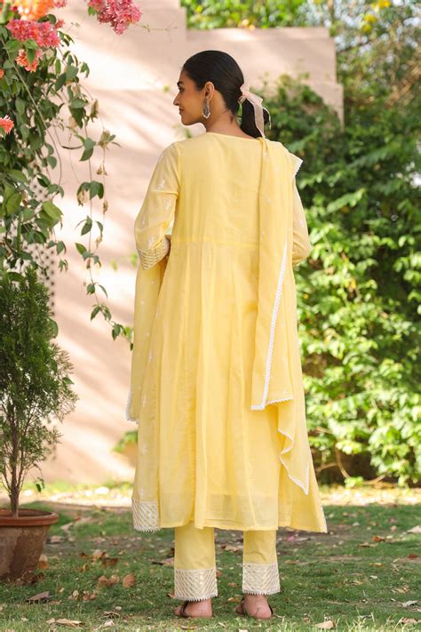 Shop Yellow Mulmul Embroidered Anarkali Suit Set- Elegant Ethnic Wear ...