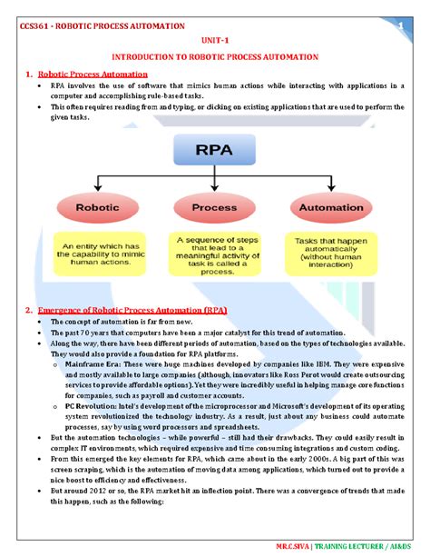 CCS361-RPA Unit 1: Intro, Evolution & Applications of RPA - Studocu