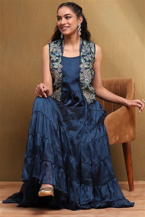 Buy Blue Georgette Festive Tiered Anarkali Dress Online at Biba India