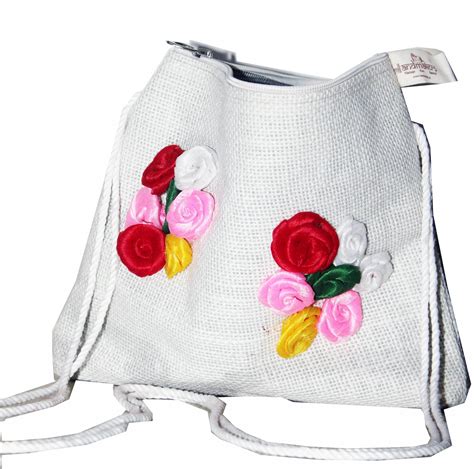 Natural Pure White Jute Bag With Flower Design