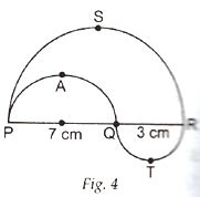 In Fig. 4, PSR, RTQ and PAQ are three semicircles of diameters 10 cm, 3 ...