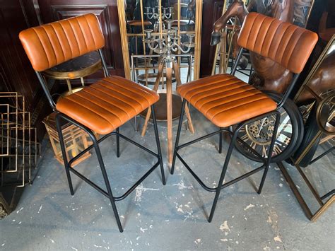 - New Boxed Pair of Large Vintage Style Ribbed Leather Bar Stools in ...