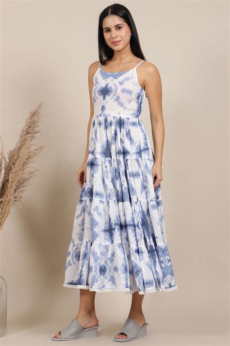 Buy White Tie and Dye Shibori Shoulder Strap Tiered Western Dress ...