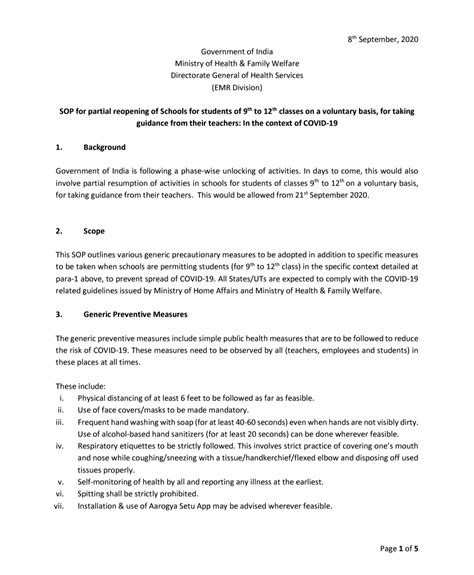 School Re Opening-SOP for partial reopening of Schools for students of ...