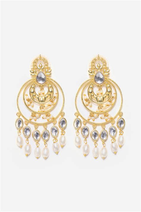 Buy White and Gold Polki Colour Filigree Chandbali Earrings Online for ...