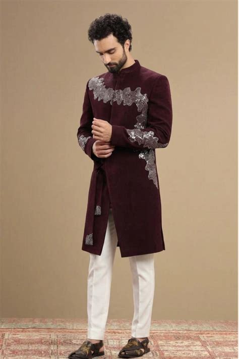 Wine Embroidered Indo-Western Sherwani for Men | Wedding Wear – GROOM2B