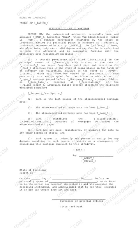 Louisiana Affidavit to Cancel Mortgage | US Legal Forms