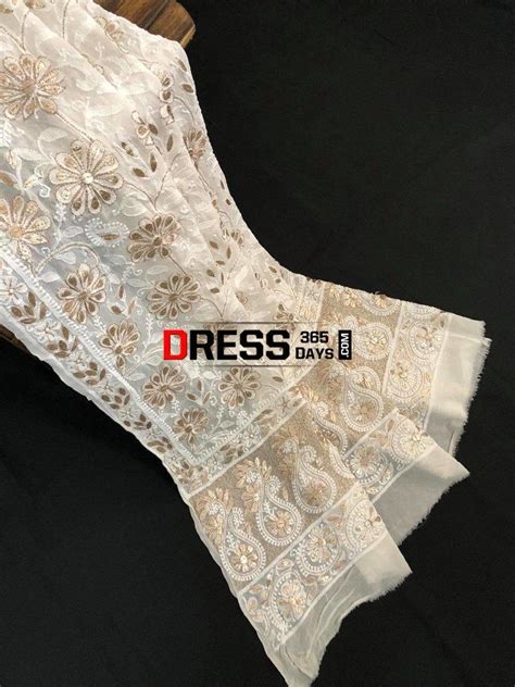 Ivory Hand Embroidered Gota Patti Lucknowi Dupatta – Dress365days