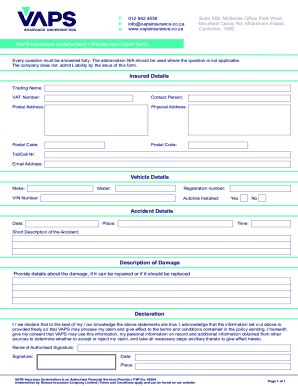 Fillable Online VAPS Insurance UnderwritersWindscreen Claim Form Fax ...
