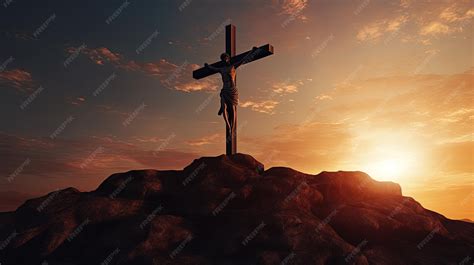 Crucifixion of jesus christ on a mountain at sunset silhouette concept | Premium AI-generated image