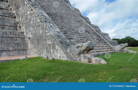 Feathered Serpent At The Base Of The Stairs Of The El Castillo Pyramid ...