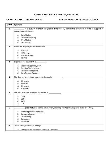 TYIT bussincess integ - SAMPLE MULTIPLE CHOICE QUESTIONS. CLASS: TY BSC ...