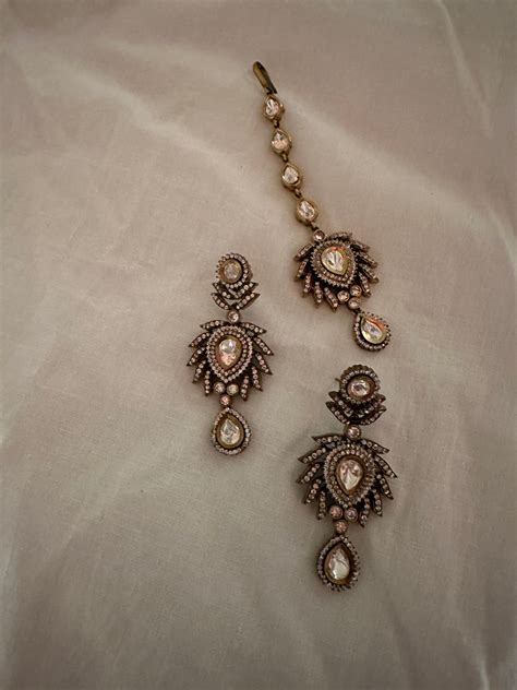 Victorian Polki Earrings & Maang Tikka Set – Dhora India