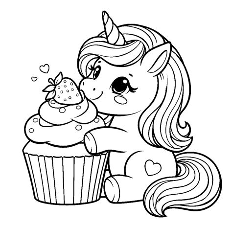 Cute Unicorn Eating Strawberry Cupcake 🦄🍓🧁 Coloring Page