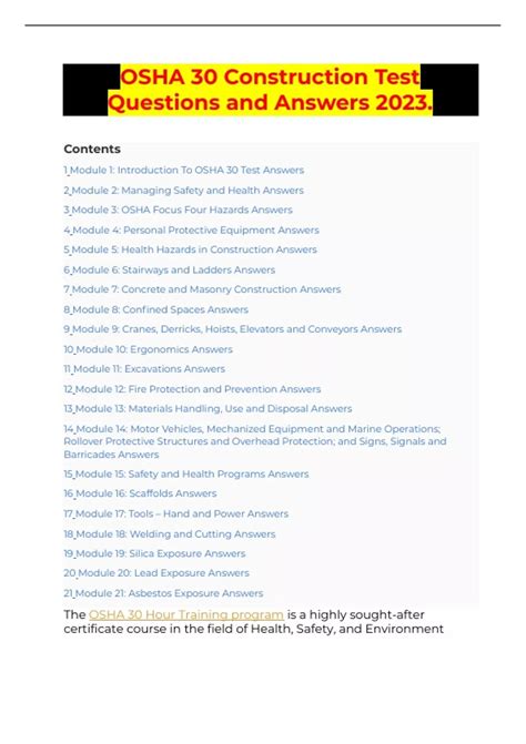 OSHA 30 Construction Test Questions and Answers 2023 - OSHA 30 - Stuvia US