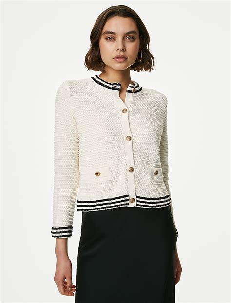 Buy Cotton Blend Textured Crew Neck Cardigan at Marks & Spencer