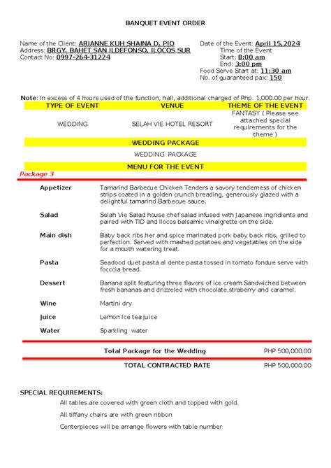 Sample Banquet Event Order - BANQUET EVENT ORDER Name of the Client ...