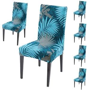 HOKIPO Stretchable Dining Chair Covers Set of 6, Sea Blue Tropical ...