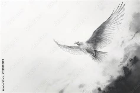 Pencil sketch of a hawk soaring through cloudy sky, detailed drawing of ...