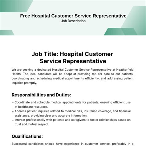 Free Hospital Customer Service Job Description Template to Edit Online