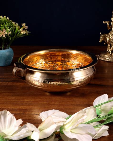 Budhshiv.com Pure brass handcrafted urli with hammered finish and side ...