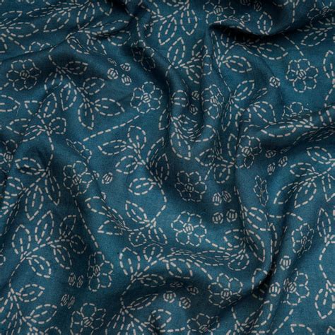 Buy (Pre-Cut 1.50 Mtr)Indigo Floral Pattern Digital Printed Linen Excel ...