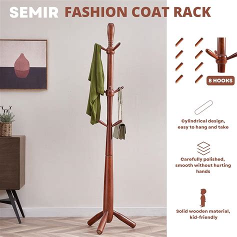 Buy SEMIR Freestanding Coat Rack, Wooden Coat Tree with 8 Hooks for ...