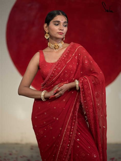 Embroidery Red Designer Saree With Sequins|Sharod Akashe|Suta