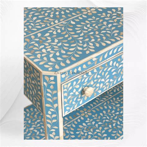 Buy Bone Inlay Edge Floral Bedside Sky Blue at FLAT 10% OFF – Luxury ...