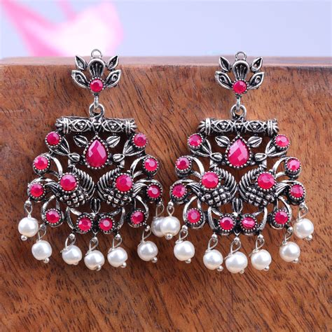 Red Stone Studded Oxidised Earrings With Hanging Pearls – StylishKudi