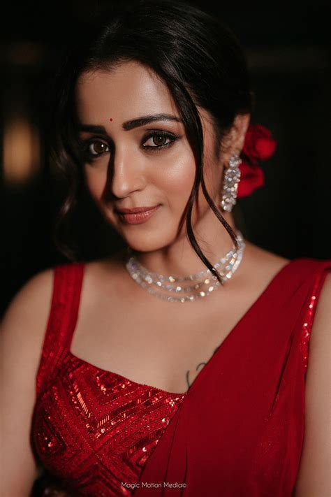 TRISHA KRISHNAN IN CRIMSON RED DIAMOND EMBROIDERED SAREE SET