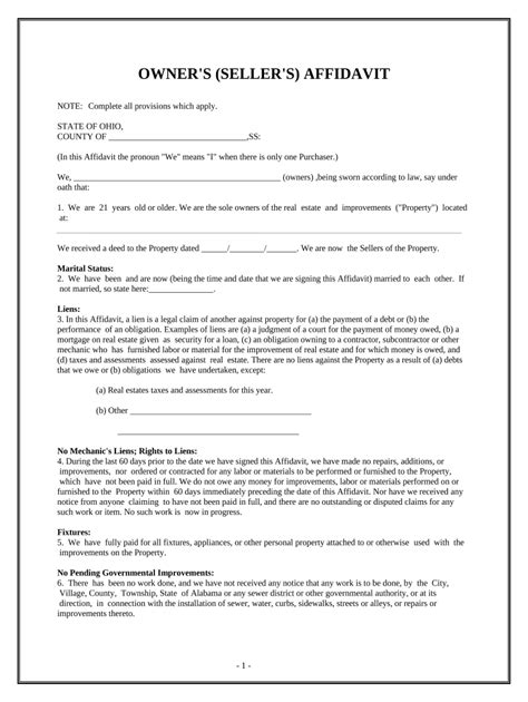Owner's Seller's Affidavit - Blank Fillable Template | Fill Out, Print ...