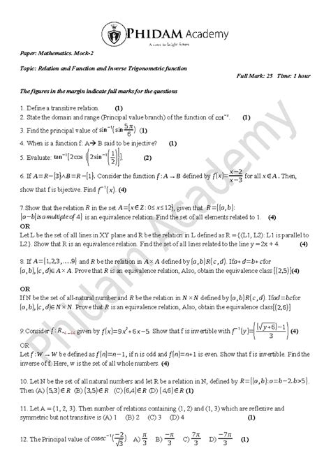 Relation and Function 2024-25 - Paper: Mathematics. Mock- Topic ...