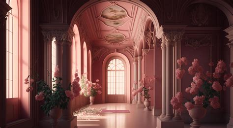 Luxury inside the pink palace of the magnificent castle with flowers ...