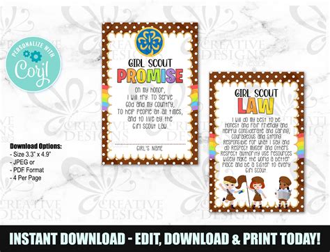 Girl Scout Brownie Promise & Law - INSTANT DOWNLOAD - Editable File - Etsy