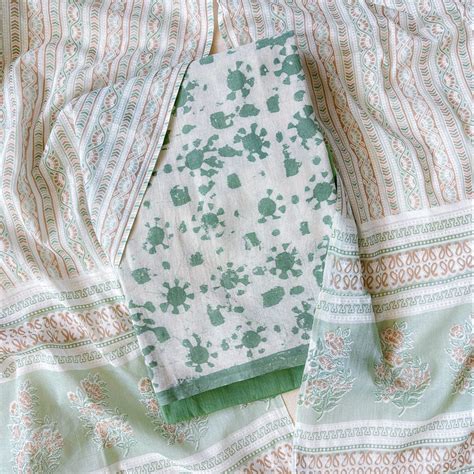 Sage Green & White Hand Block Printed Pure Cotton Unstitched Suit Set ...