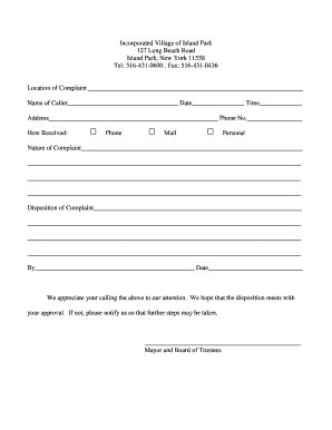 Fillable Online Complaint Form - the Village of Island Park Fax Email ...