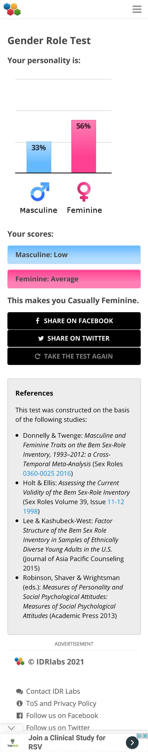 Gender Role Test similarity - Gender Role Test Your personality is: Your scores: Masculine: Low ...