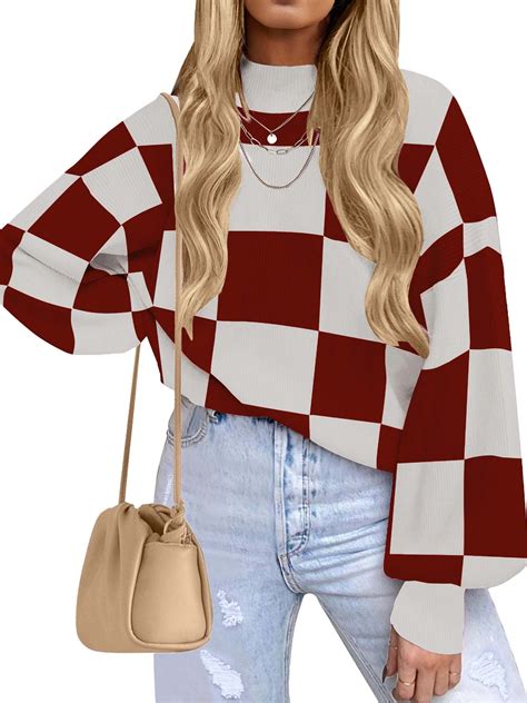 MOSHU Oversized Sweaters for Women Drop Shoulder Plaid Colorblock Tops ...