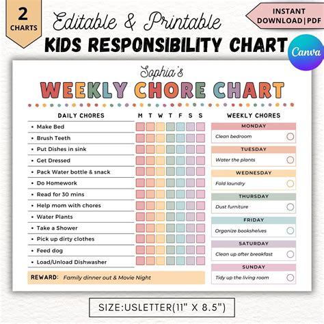 Editable weekly chore chart for kids canva printable kids chores tracker daily routine template ...