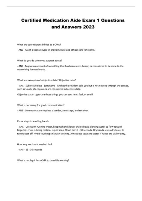 Certified Medication Aide Exam 1 Questions and Answers 2023 - Certified ...