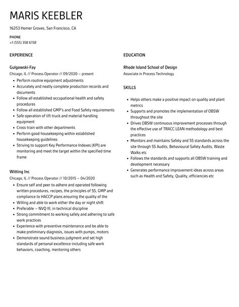 Image result for Process Operator Resume Sample