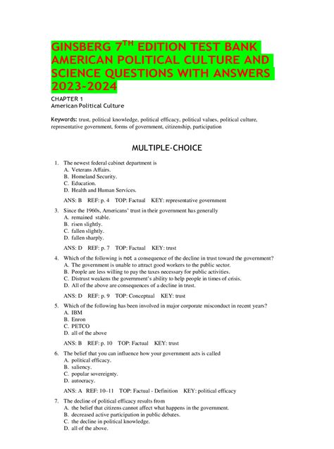 GINSBERG 7TH EDITION TEST BANK AMERICAN POLITICAL CULTURE AND SCIENCE ...