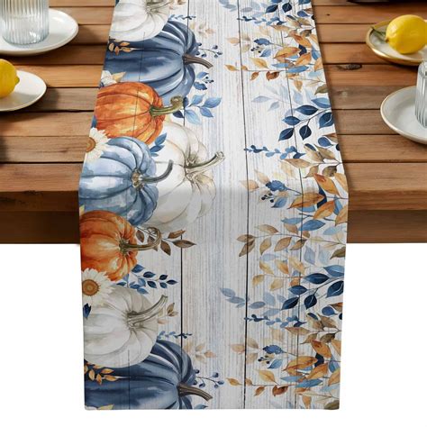 Farmhouse Fall Thanksgiving Table Runner, Blue White Orange Boho ...