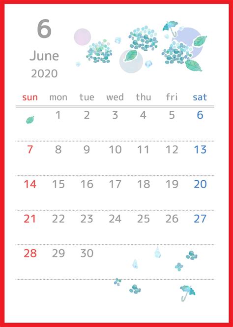 2020年6月縦型の「紫陽花の花」イラストのカレンダー | 💗無料ダウンロード「かわいい」雛形・テンプレート素材