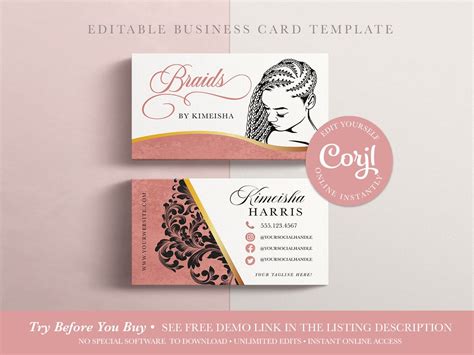 EDITABLE Business Card, Hair Braiding Business Card, Hair Stylist ...