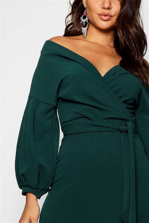 Off The Shoulder Wrap Midi Dress | Wedding guest outfit winter, Long sleeve wedding guest ...